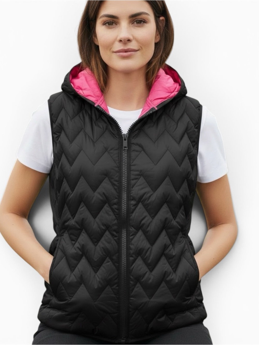 Black Rivet Black Puffer Vest with Hot Pink Quilted Lining and hood Sz L